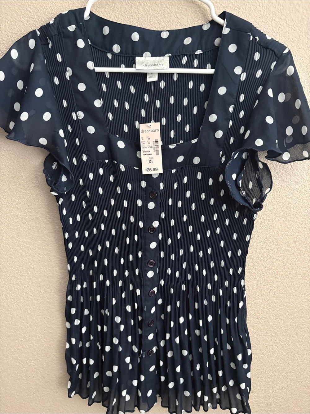 dressbarn Navy and White Polka Dot Button-Front Peplum Blouse